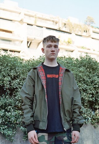 OLIVE GREEN HARRINGTON JACKET WITH CONTRAST TARTAN LINING