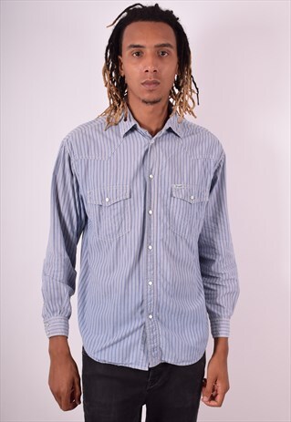 WRANGLER MENS VINTAGE SHIRT MEDIUM BLUE STRIPES 90S