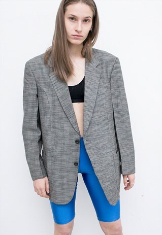 VINTAGE BOYFRIEND BLAZER PLAID LIGHT GRAY SUIT JACKET 80S