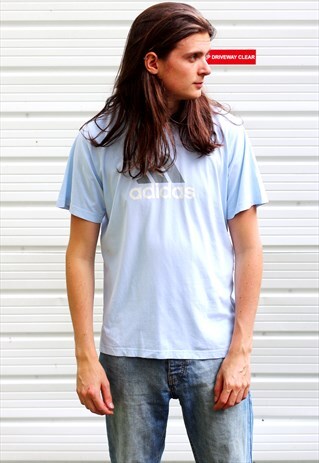 1990'S VINTAGE BABY BLUE GRAPHIC ADIDAS PRINT T-SHIRT