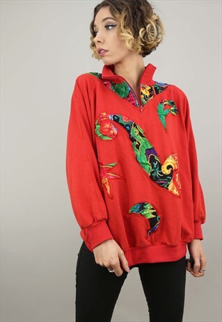 VINTAGE 80S/90S OVERSIZED RED PATTERNED 1/4 ZIP SWEATER TOP