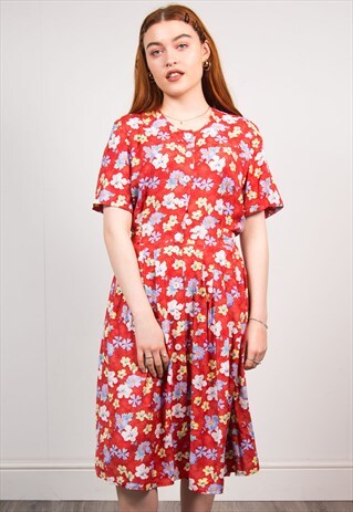 VINTAGE 90'S RED FLORAL PATTERN MIDI DRESS