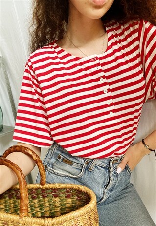 VINTAGE 80S NAUTICAL STRIPED SUMMER BLOUSE TOP TEE T-SHIRT
