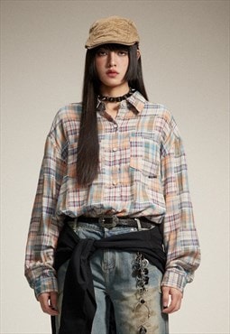 Preppy check shirt lumberjack top color block tie-dye blouse