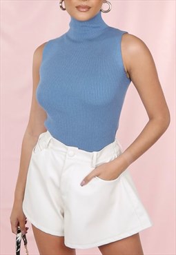 Ribbed High Neck Crop Top In Light Blue
