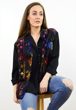 VINTAGE 90S BLACK LAYERED VELVET FLOCKED HIPPY SHIRT