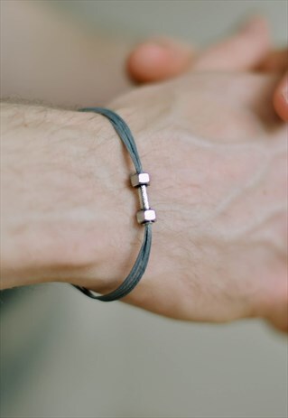 SILVER DUMBBELL BRACELET FOR MEN GREY CORD GIFT FOR HIM