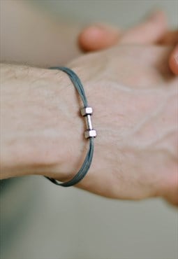 Silver dumbbell bracelet for men grey cord gift for him