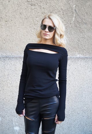 BLACK BLOUSE LONG SLEEVE TUNIC OFF SHOULDER TOP F1648