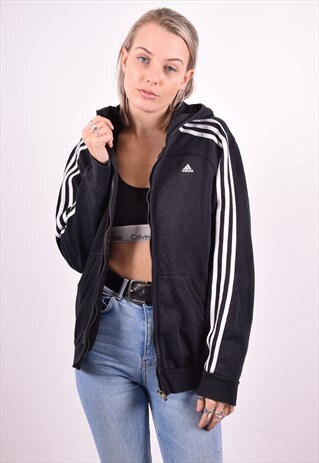 ADIDAS WOMENS VINTAGE HOODIE JACKET LARGE BLACK 90'S