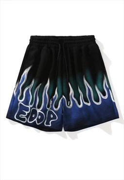 Flame graffiti sports shorts fire print overalls pastel blue