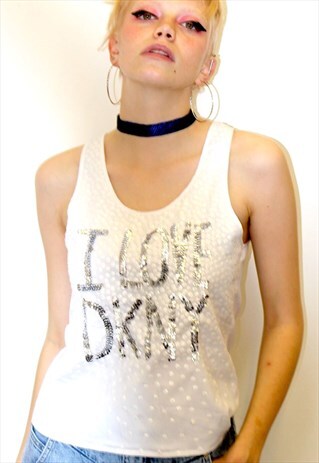 VINTAGE DKNY SEQUIN LOGO SLOGAN VEST TOP HIPSTER VEST TOP