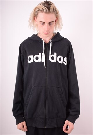 ADIDAS MENS VINTAGE HOODIE SWEATER LARGE BLACK 90S