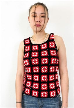 Vintage 90s crochet sequinned red and black flower top 