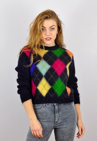 VINTAGE BLACK DIAMOND PATTERN CROPPED MOHAIR BLEND JUMPER