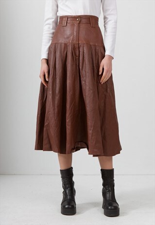 VINTAGE BROWN LEATHER MIDI SKIRT