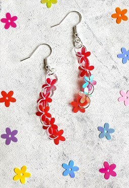 Iridescent Flower Sequin Trickle Earrings Red