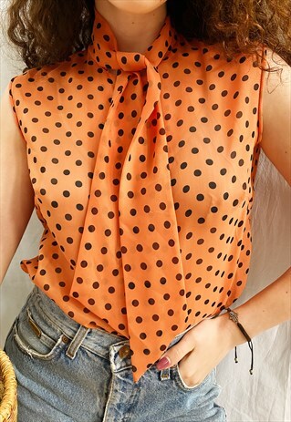 VINTAGE 50S NARANJA POLKA DOT MOD BLOUSE TOP PARISIAN CHIC