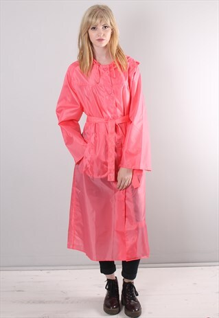 VINTAGE 90S PINK LONG HOODED FESTIVAL RAIN MAC JACKET COAT