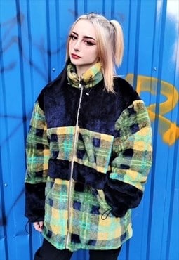 Soft fleece coat check bomber fake fur contrast jacket green