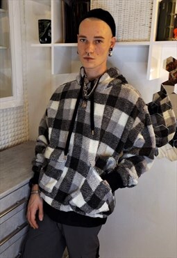 Check fleece hoodie faux fur pullover in grey tartan pattern