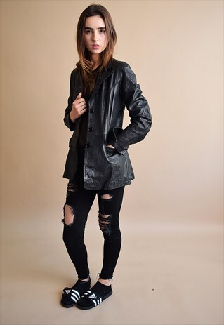 VINTAGE 90'S GENUINE LEATHER BLACK TRENCH JACKET