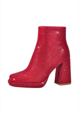 Square Toe Rhinestone Platform Ankle Boots