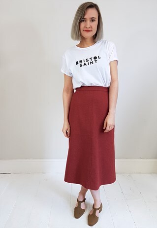 VINTAGE 80'S MUTED RED WOOL MIDI A LINE SKIRT