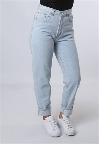 HIGH WAISTED DENIM JEANS TAPERED LEG VINTAGE UK 10 (KJCN)