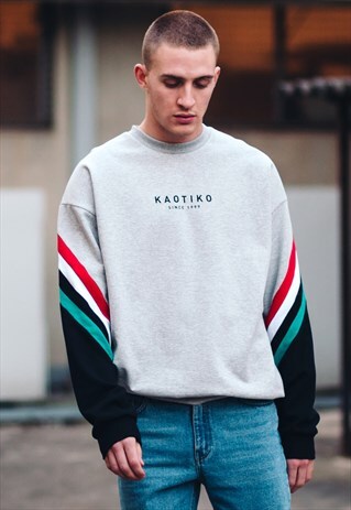 GREY SWEATSHIRT WITH MULTICOLORED SLEEVES