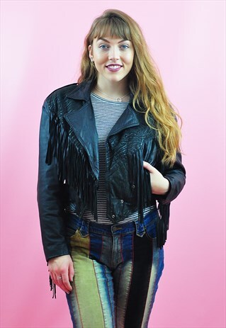 VINTAGE 70S BLACK FRINGED LEATHER MOTORCYCLE / BIKER JACKET