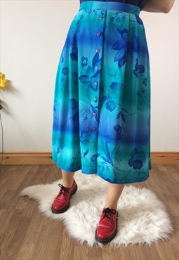 Vintage 80s Floral Pattern Blue Midi Skirt