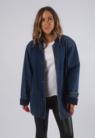 VINTAGE DENIM JACKET OVERSIZED CHECKED LONGLINE UK 12 (G82A)