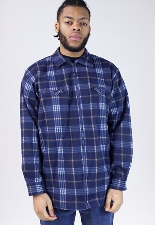 VINTAGE 90S NAVY CHECK PATTERNED ZIP-UP FLEECE