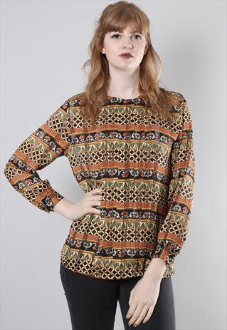 VINTAGE 80S PATTERNED SHEER PLEATED BLOUSE