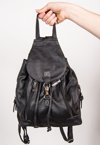 VINTAGE 90'S FAUX LEATHER BLACK RUCKSACK BACKPACK