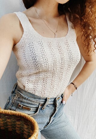 VINTAGE 70S MOD WHITE BOHO HANDMADE CROCHET KNIT BLOUSE TOP