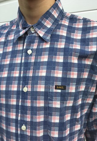 MENS VINTAGE 80S LEE SHIRT BLUE CHECKED LONG SLEEVE TOP