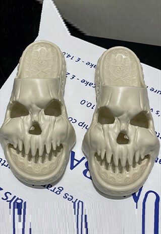 3D skeleton sliders open toe skull shape sandals in cream