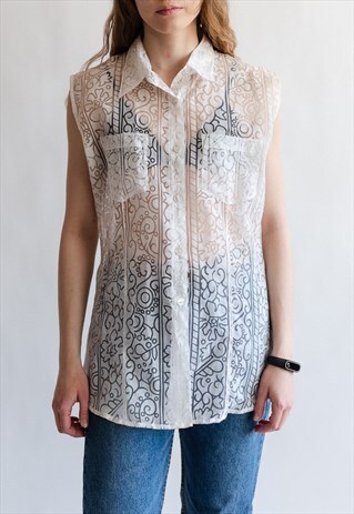 VINTAGE 70S BOHO SHEER TOP IN WHITE
