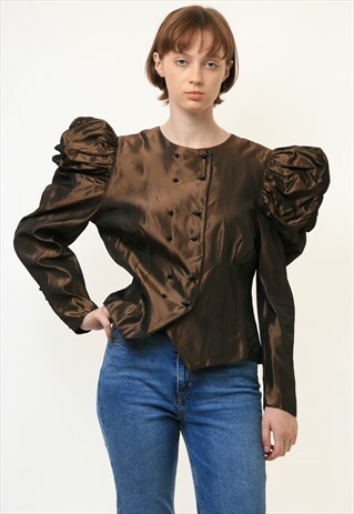 WOMAN BRONZE PUFF SLEEVE LONG SLEEVE BUTTONS UP BLOUSE 4206
