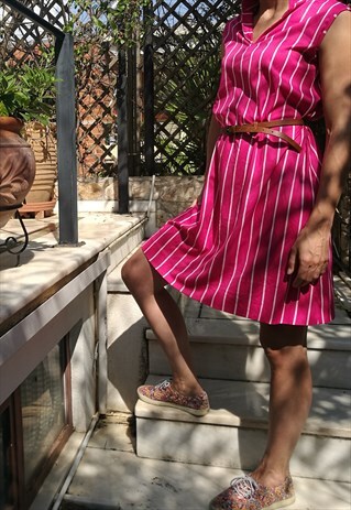 90S MIDI STRIPED SLEEVELESS SLIP DRESS IN MAGENTA