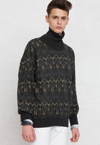 VINTAGE BLACK STOLA TURTLE ROLL NECK KNIT JUMPER SWEATER