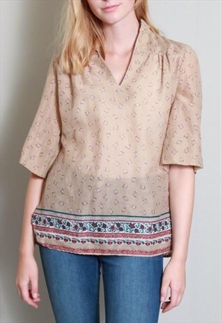 VINTAGE 1970'S BROWN FLORAL PATTERNED BLOUSE TOP