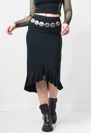Vintage midi frilled skirt in black ruffled pencil