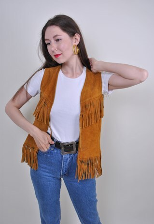 VINTAGE LEATHER LACE VEST, AMERICAN NATIVE RETRO COWBOY VEST