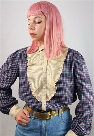 VINTAGE 80'S 90'S PUFFY SLEEVE HIGH NECK PLEATED BIB BLOUSE