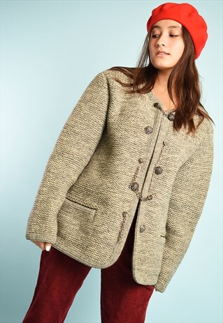 VINTAGE 70'S CHUNKY KNIT FOLK OVERSIZED WOOL CARDIGAN JACKET