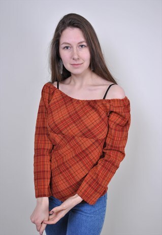 90S ORANGE PLAID BLOUSE, VINTAGE CHECK PRINT CASUAL SHIRT