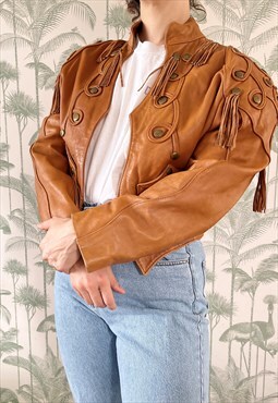 Vintage 70s Leather Tan Brown Crop Tassel Fringe Stud Jacket